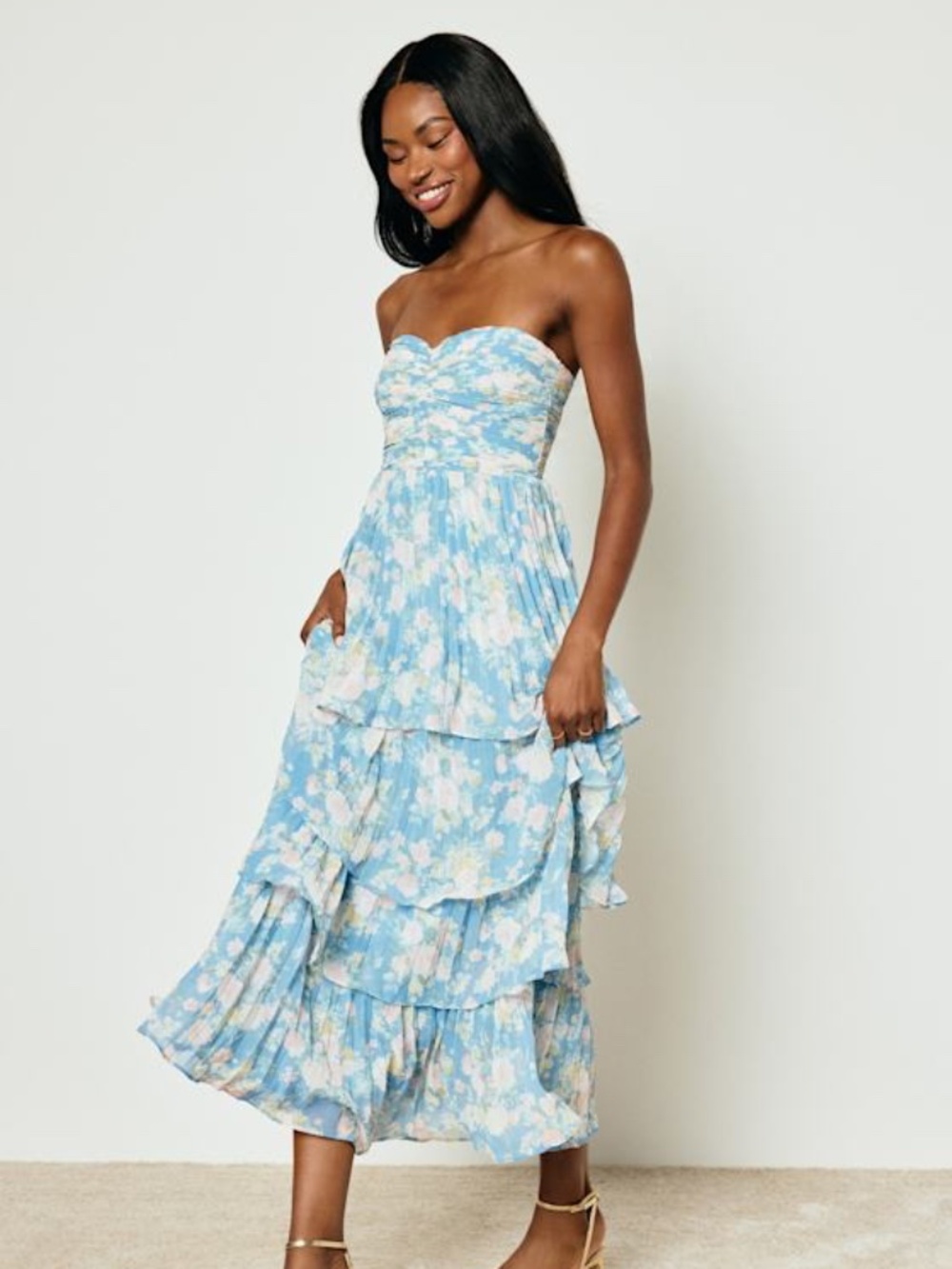 Lulus Seriously Sensational Blue Floral Strapless Tiered Maxi Dress - Size L